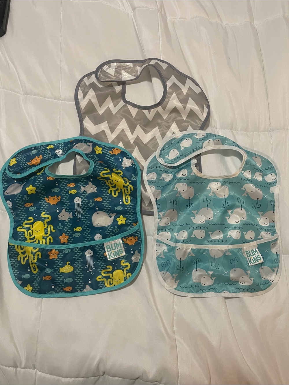Bumkins Kids Bib Set - Teal Ocean, Light Teal Narwhal, and Gray Chevron
